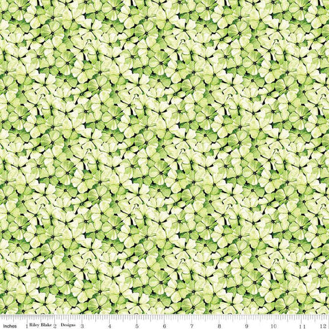 Image of the Sewing Seeds III Phlox Petals Green quilting cotton fabric by Lori Holt for Riley Blake Designs. Features flowers on a green background. Cute Little Fabric Shop
