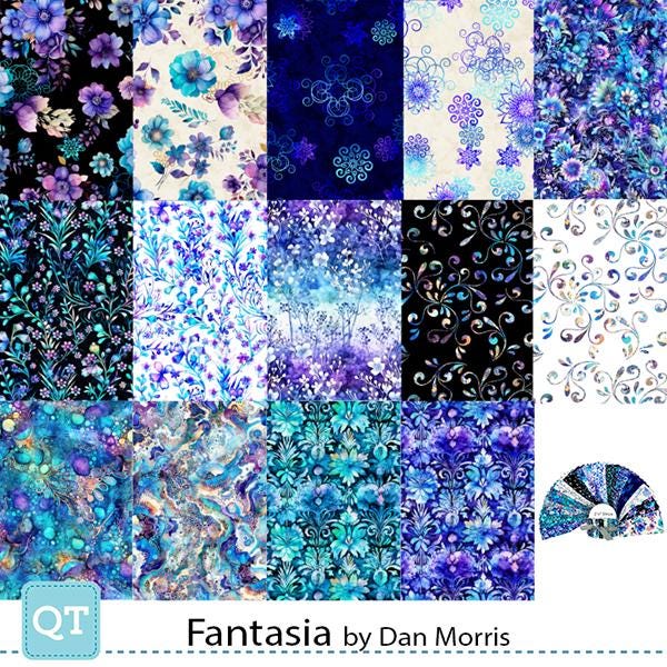 Image of the Fantasia rolie polie by Dan Morris for QT Fabrics. Features bright floral fabrics.
Cute Little Fabric Shop