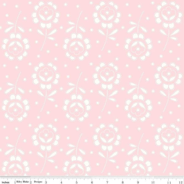 Image of the Sewing Seeds III Rose Cutwork Pink quilting cotton fabric by Lori Holt for Riley Blake Designs. Features flowers on a pink background. Cute Little Fabric Shop