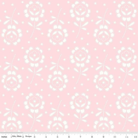 Image of the Sewing Seeds III Rose Cutwork Pink quilting cotton fabric by Lori Holt for Riley Blake Designs. Features flowers on a pink background. Cute Little Fabric Shop
