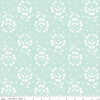 Image of the Sewing Seeds III Rose Cutwork Aqua quilting cotton fabric by Lori Holt for Riley Blake Designs. Features flowers on a pink background. Cute Little Fabric Shop