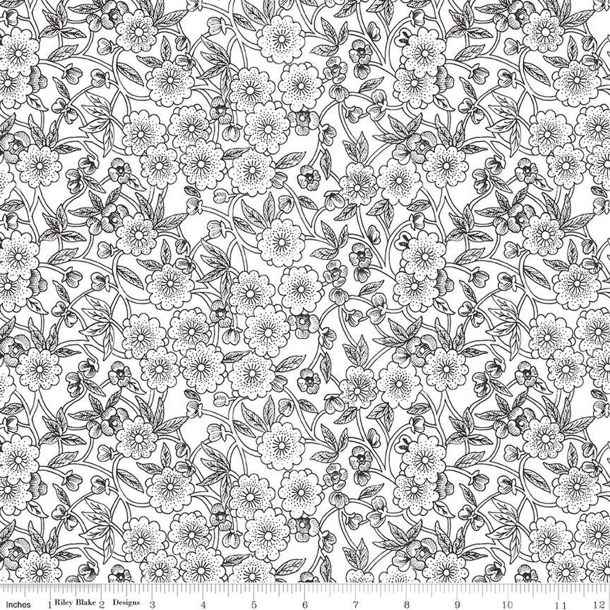 Image of the Sewing Seeds III Porcelain Petals White quilting cotton fabric by Lori Holt for Riley Blake Designs. Features flowers on a white background. Cute Little Fabric Shop