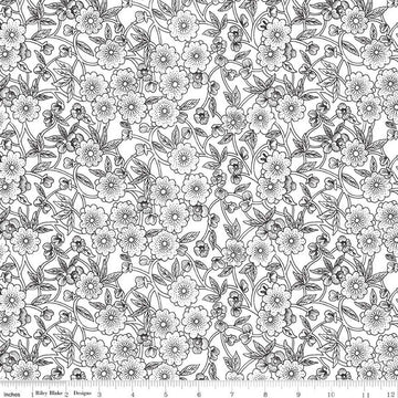 Image of the Sewing Seeds III Porcelain Petals White quilting cotton fabric by Lori Holt for Riley Blake Designs. Features flowers on a white background. Cute Little Fabric Shop