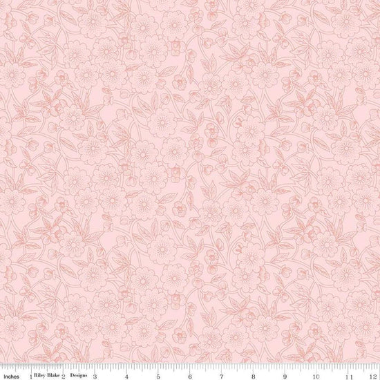 Image of the Sewing Seeds III Porcelain Petals Pink quilting cotton fabric by Lori Holt for Riley Blake Designs. Features flowers on a pink background. Cute Little Fabric Shop