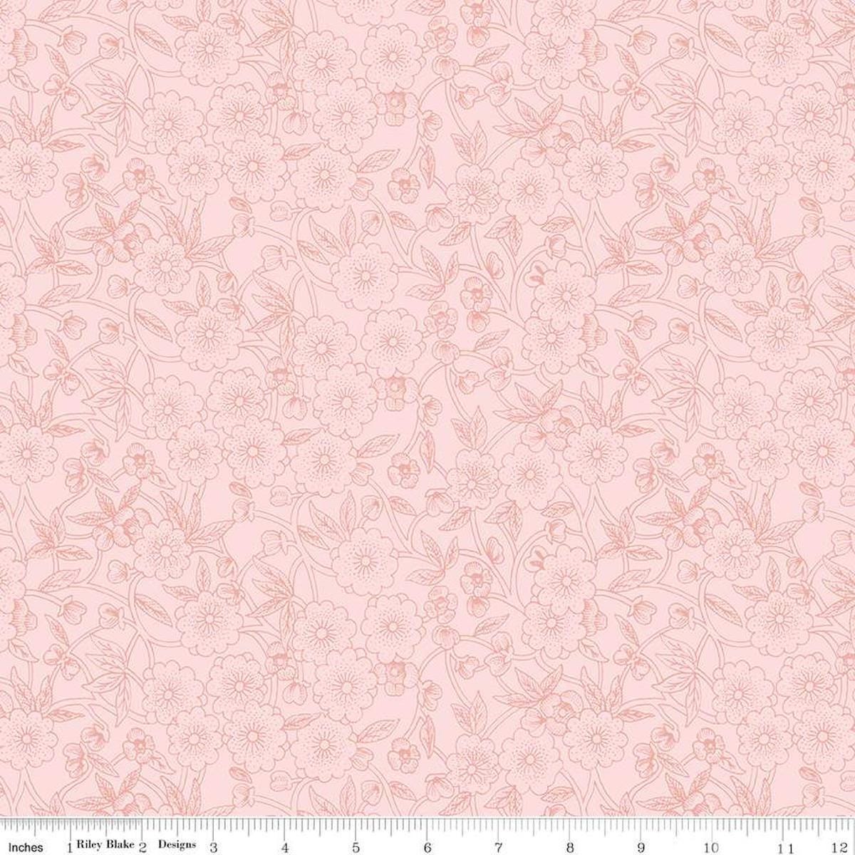Image of the Sewing Seeds III Porcelain Petals Pink quilting cotton fabric by Lori Holt for Riley Blake Designs. Features flowers on a pink background. Cute Little Fabric Shop