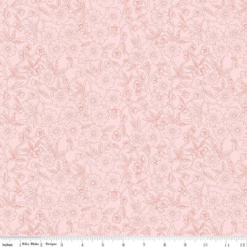 Image of the Sewing Seeds III Porcelain Petals Pink quilting cotton fabric by Lori Holt for Riley Blake Designs. Features flowers on a pink background. Cute Little Fabric Shop