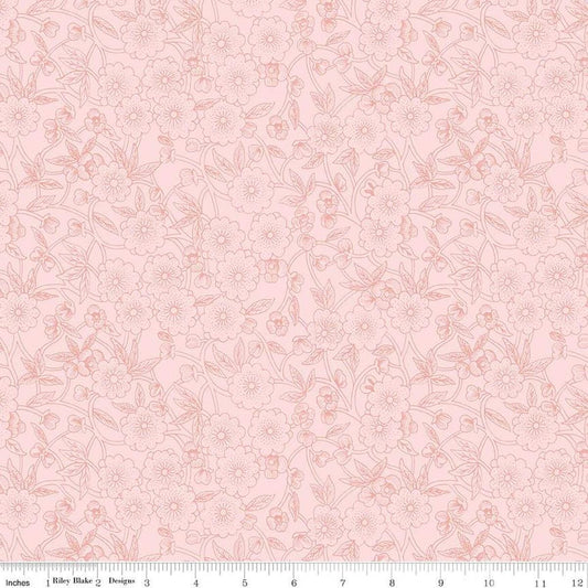 Image of the Sewing Seeds III Porcelain Petals Pink quilting cotton fabric by Lori Holt for Riley Blake Designs. Features flowers on a pink background. Cute Little Fabric Shop