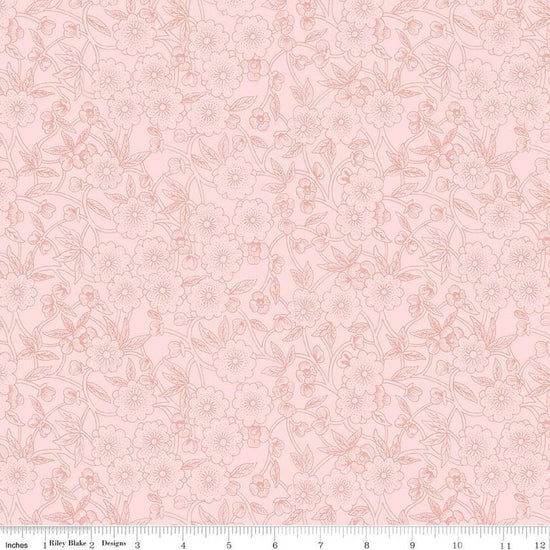 Image of the Sewing Seeds III Porcelain Petals Pink quilting cotton fabric by Lori Holt for Riley Blake Designs. Features flowers on a pink background. Cute Little Fabric Shop