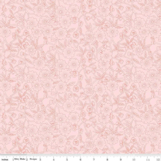 Image of the Sewing Seeds III Porcelain Petals Pink quilting cotton fabric by Lori Holt for Riley Blake Designs. Features flowers on a pink background. Cute Little Fabric Shop
