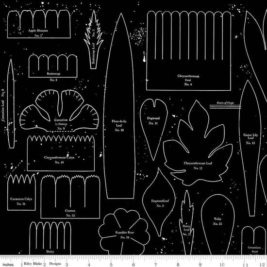 Image of the Sewing Seeds III Posie Patterns Black quilting cotton fabric by Lori Holt for Riley Blake Designs. Features flowers on a red background. Cute Little Fabric Shop