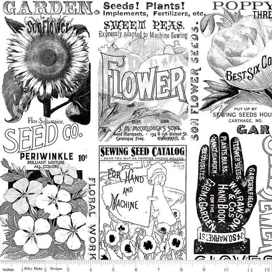 Image of the Sewing Seeds III Garden Blender White quilting cotton fabric by Lori Holt for Riley Blake Designs. Features icons on a white background. Cute Little Fabric Shop