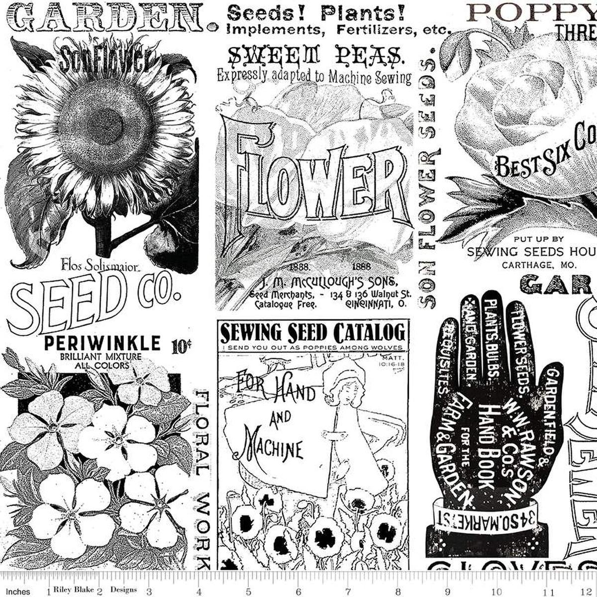 Image of the Sewing Seeds III Garden Blender White quilting cotton fabric by Lori Holt for Riley Blake Designs. Features icons on a white background. Cute Little Fabric Shop