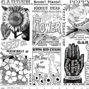 Image of the Sewing Seeds III Garden Blender White quilting cotton fabric by Lori Holt for Riley Blake Designs. Features icons on a white background. Cute Little Fabric Shop