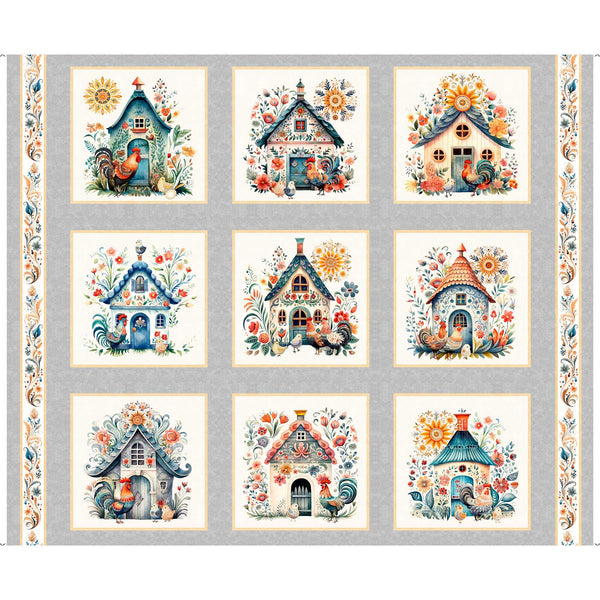 Image of the Poultry In Motion Chicken Coop Picture Patches Gray quilting cotton fabric by QT Fabrics. Features chickens and coops in squares on a fabric. 
Cute Little Fabric Shop