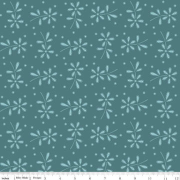 Image of the Sewing Seeds III Seed Packs Toss Turquoise quilting cotton fabric by Lori Holt for Riley Blake Designs. Features ads on a blue background. Cute Little Fabric Shop