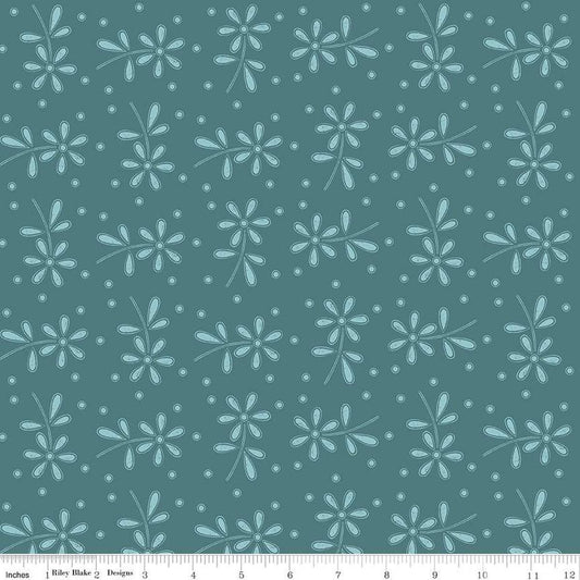 Image of the Sewing Seeds III Seed Packs Toss Turquoise quilting cotton fabric by Lori Holt for Riley Blake Designs. Features ads on a blue background. Cute Little Fabric Shop