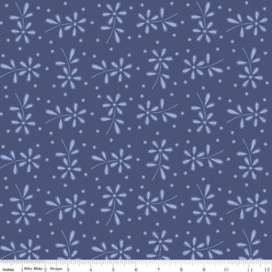 Image of the Sewing Seeds III Seed Packs Toss Blue quilting cotton fabric by Lori Holt for Riley Blake Designs. Features ads on a blue background. Cute Little Fabric Shop