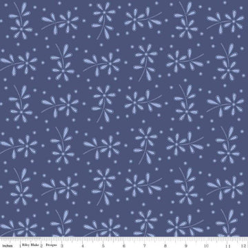 Image of the Sewing Seeds III Seed Packs Toss Blue quilting cotton fabric by Lori Holt for Riley Blake Designs. Features ads on a blue background. Cute Little Fabric Shop