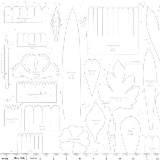 Image of the Sewing Seeds III Posie Patterns White-on-White quilting cotton fabric by Lori Holt for Riley Blake Designs. Features ads on a blue background. Cute Little Fabric Shop