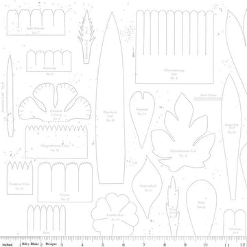 Image of the Sewing Seeds III Posie Patterns White-on-White quilting cotton fabric by Lori Holt for Riley Blake Designs. Features ads on a blue background. Cute Little Fabric Shop