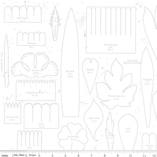 Image of the Sewing Seeds III Posie Patterns White-on-White quilting cotton fabric by Lori Holt for Riley Blake Designs. Features ads on a blue background. Cute Little Fabric Shop