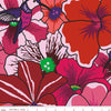 Image of the Wide Back Botanic Blast Pansies Red quilting cotton fabric by Sew Yeah Quilting for Riley Blake Designs. Features large flowers on a red background. 
Cute Little Fabric Shop