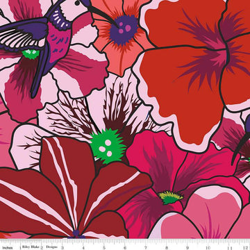 Image of the Wide Back Botanic Blast Pansies Red quilting cotton fabric by Sew Yeah Quilting for Riley Blake Designs. Features large flowers on a red background. 
Cute Little Fabric Shop