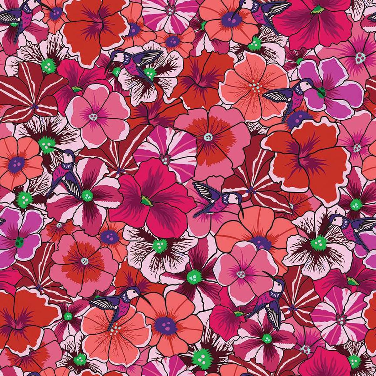 Image of the Wide Back Botanic Blast Pansies Red quilting cotton fabric by Sew Yeah Quilting for Riley Blake Designs. Features large flowers on a red background. 
Cute Little Fabric Shop