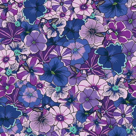 Image of the Wide Back Botanic Blast Pansies Purple quilting cotton fabric by Sew Yeah Quilting for Riley Blake Designs. Features large flowers on a purple background. 
Cute Little Fabric Shop