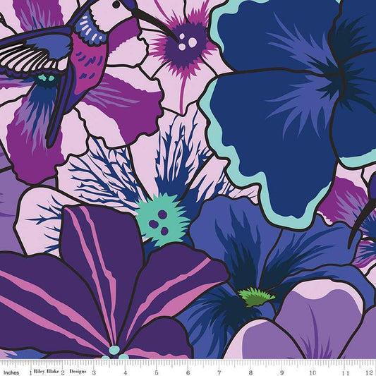 Image of the Wide Back Botanic Blast Pansies Purple quilting cotton fabric by Sew Yeah Quilting for Riley Blake Designs. Features large flowers on a purple background. 
Cute Little Fabric Shop
