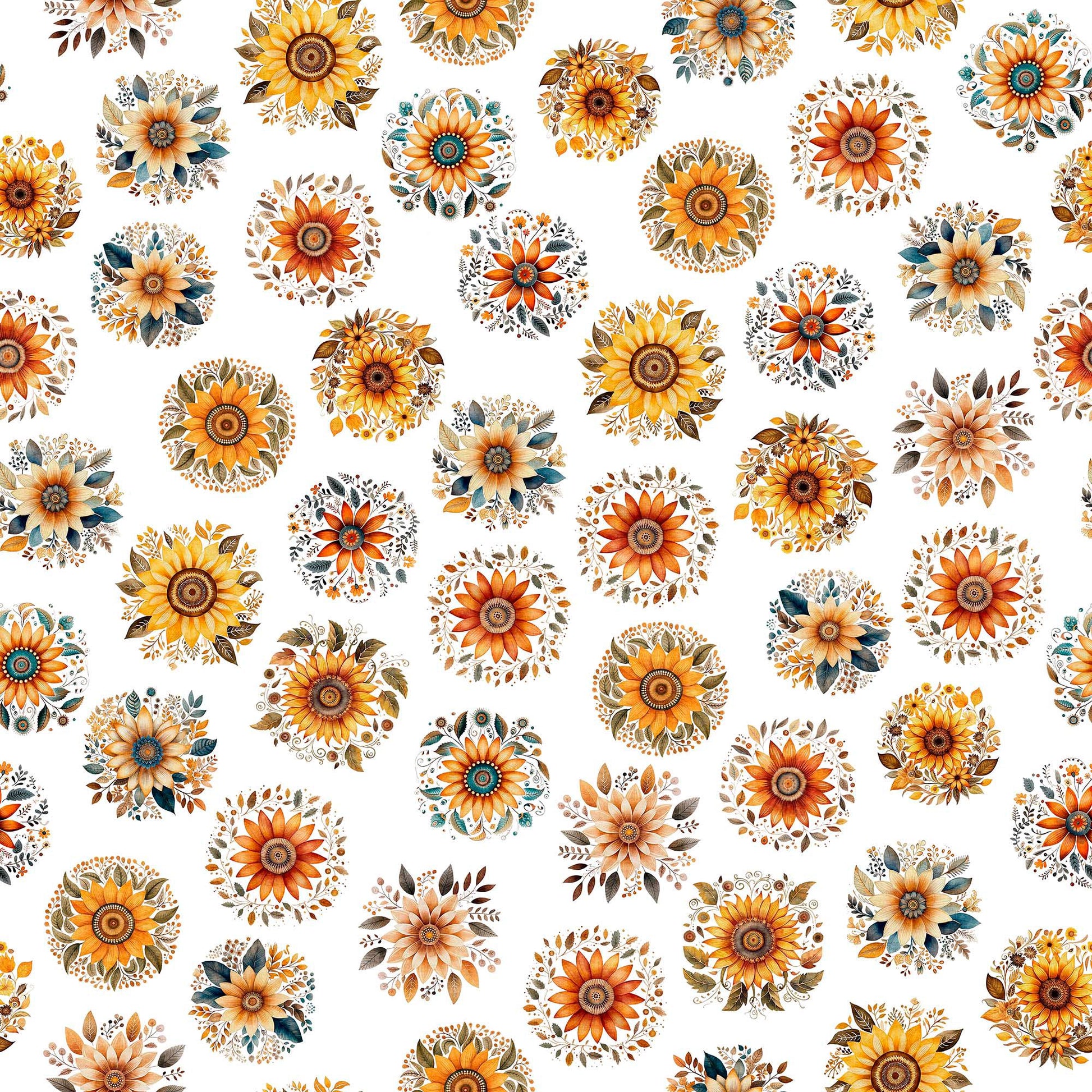 Image of the Poultry in Motion Sunflowers quilting cotton fabric for QT Fabrics. Features sunflowers on a white background. 
Cute Little Fabric Shop