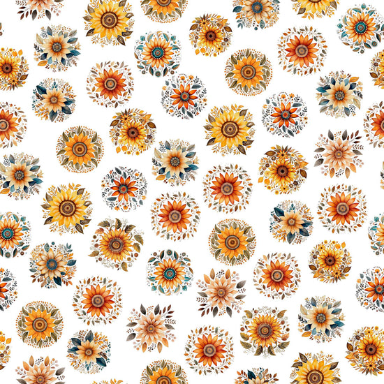 Image of the Poultry in Motion Sunflowers quilting cotton fabric for QT Fabrics. Features sunflowers on a white background. 
Cute Little Fabric Shop