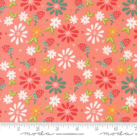 Image of the Raspberry Summer Spring Carnation quilting cotton fabric by Sherri & Chelsi for Moda Fabrics. Features flowers on a pink background. Cute Little Fabric Shop