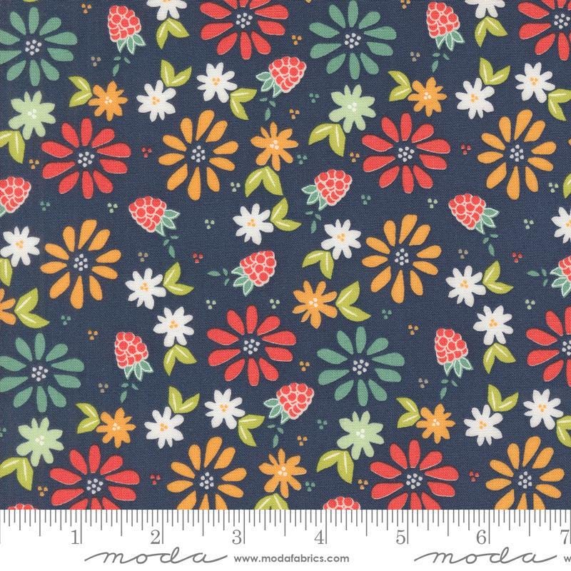 Image of the Raspberry Summer Spring Blueberry quilting cotton fabric by Sherri & Chelsi for Moda Fabrics. Features flowers on a blue background. Cute Little Fabric Shop