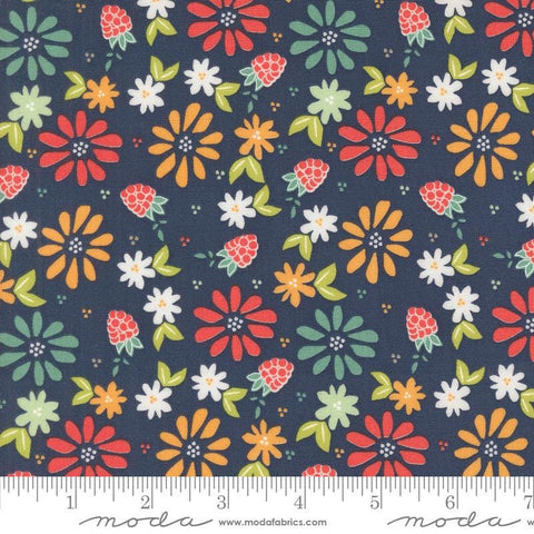 Image of the Raspberry Summer Spring Blueberry quilting cotton fabric by Sherri & Chelsi for Moda Fabrics. Features flowers on a blue background. Cute Little Fabric Shop
