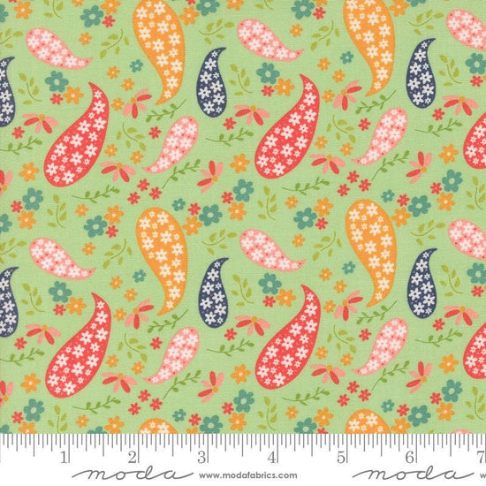Image of the Raspberry Summer Paisley Mint quilting cotton fabric by Sherri & Chelsi for Moda Fabrics. Features paisleys on a green background. Cute Little Fabric Shop