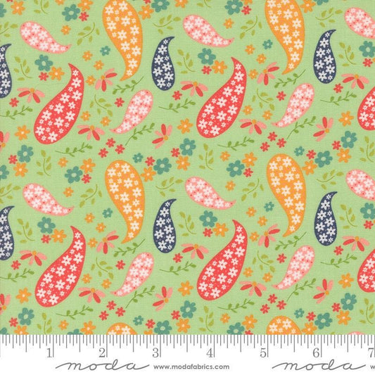 Image of the Raspberry Summer Paisley Mint quilting cotton fabric by Sherri & Chelsi for Moda Fabrics. Features paisleys on a green background. Cute Little Fabric Shop