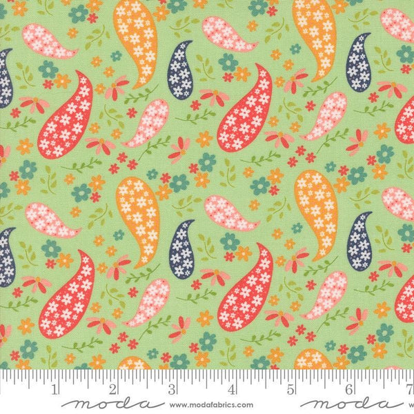 Image of the Raspberry Summer Paisley Mint quilting cotton fabric by Sherri & Chelsi for Moda Fabrics. Features paisleys on a green background. Cute Little Fabric Shop
