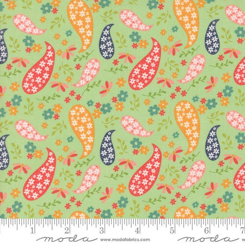 Image of the Raspberry Summer Paisley Mint quilting cotton fabric by Sherri & Chelsi for Moda Fabrics. Features paisleys on a green background. Cute Little Fabric Shop