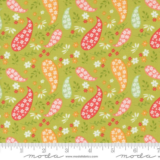 Image of the Raspberry Summer Paisley Lime quilting cotton fabric by Sherri & Chelsi for Moda Fabrics. Features paisleys on a green background. Cute Little Fabric Shop