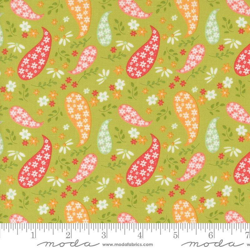 Image of the Raspberry Summer Paisley Lime quilting cotton fabric by Sherri & Chelsi for Moda Fabrics. Features paisleys on a green background. Cute Little Fabric Shop