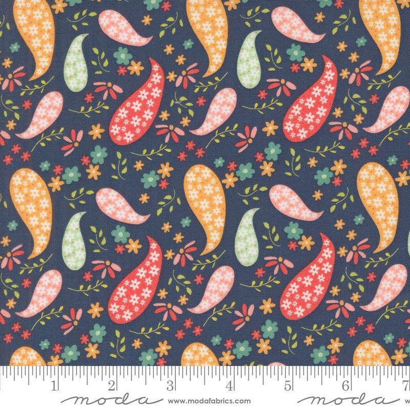Image of the Raspberry Summer Paisley Blueberry quilting cotton fabric by Sherri & Chelsi for Moda Fabrics. Features paisleys on a blue background. Cute Little Fabric Shop