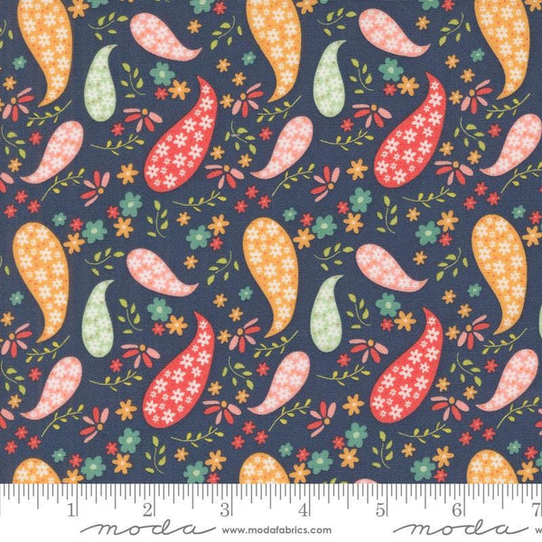 Image of the Raspberry Summer Paisley Blueberry quilting cotton fabric by Sherri & Chelsi for Moda Fabrics. Features paisleys on a blue background. Cute Little Fabric Shop