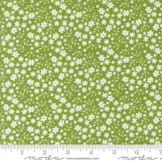 Image of the Raspberry Summer Blossoms Fresh Grass quilting cotton fabric by Sherri & Chelsi for Moda Fabrics. Features flowers on a blue background. Cute Little Fabric Shop