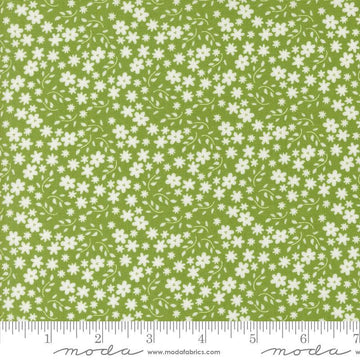 Image of the Raspberry Summer Blossoms Fresh Grass quilting cotton fabric by Sherri & Chelsi for Moda Fabrics. Features flowers on a blue background. Cute Little Fabric Shop