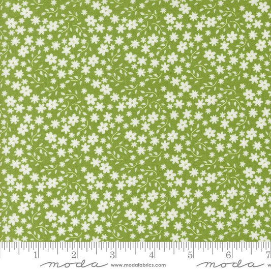 Image of the Raspberry Summer Blossoms Fresh Grass quilting cotton fabric by Sherri & Chelsi for Moda Fabrics. Features flowers on a blue background. Cute Little Fabric Shop