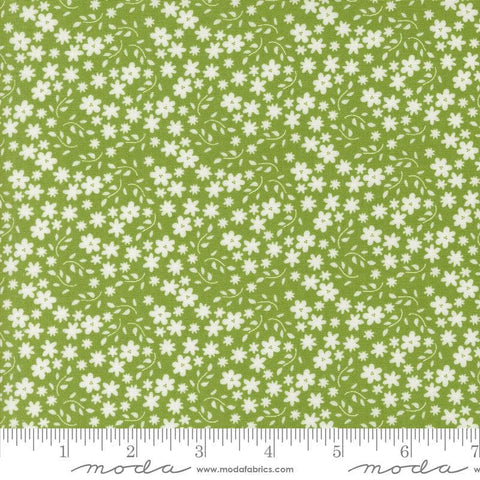 Image of the Raspberry Summer Blossoms Fresh Grass quilting cotton fabric by Sherri & Chelsi for Moda Fabrics. Features flowers on a blue background. Cute Little Fabric Shop