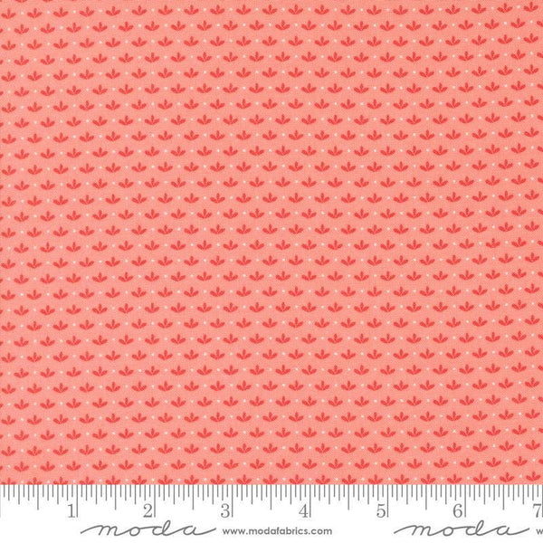 Image of the Raspberry Summer Sprout Carnation quilting cotton fabric by Sherri & Chelsi for Moda Fabrics. Features leaves on a coral background. Cute Little Fabric Shop