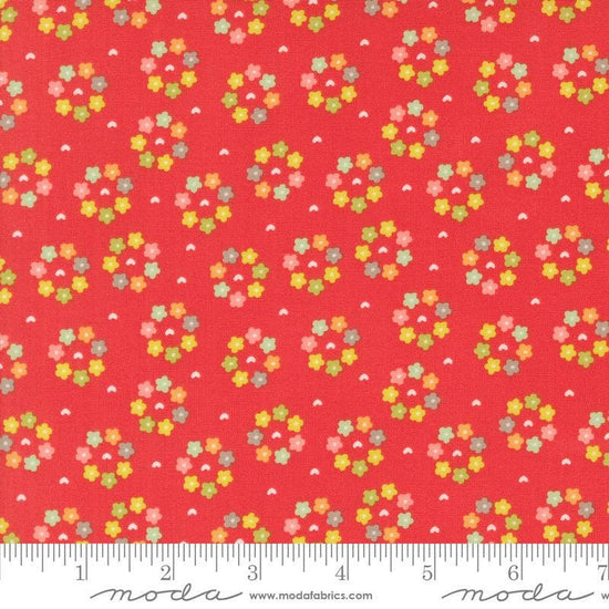 Image of the Raspberry Summer Rosy Raspbery quilting cotton fabric by Sherri & Chelsi for Moda Fabrics. Features flowers on a red background. Cute Little Fabric Shop