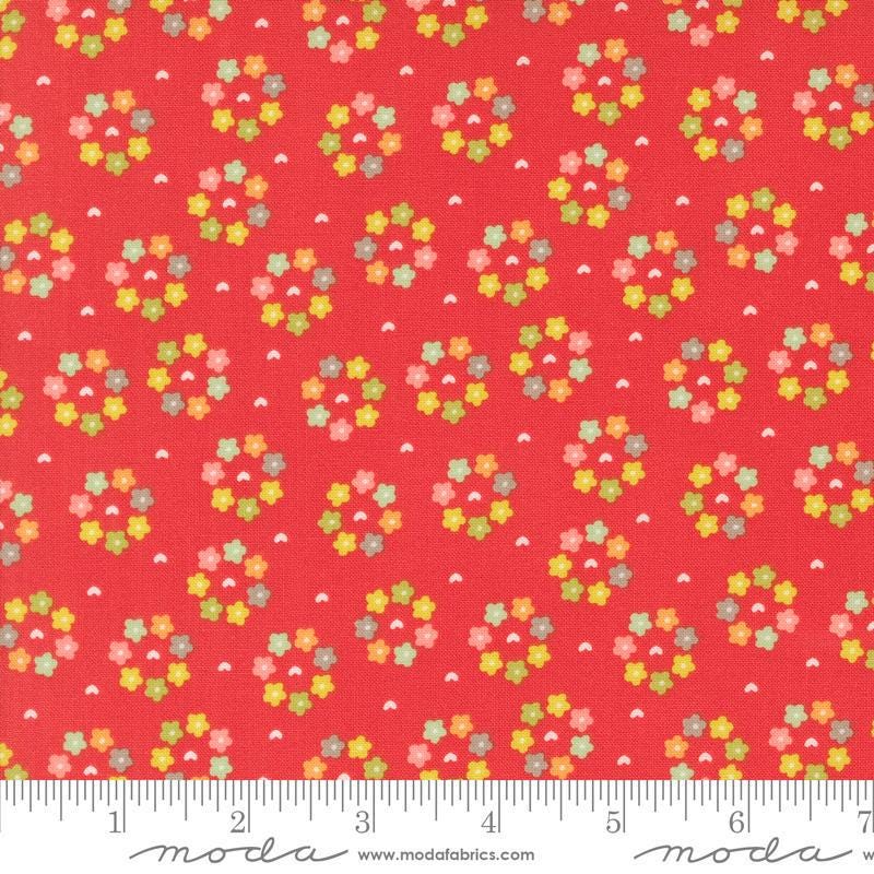 Image of the Raspberry Summer Rosy Raspbery quilting cotton fabric by Sherri & Chelsi for Moda Fabrics. Features flowers on a red background. Cute Little Fabric Shop